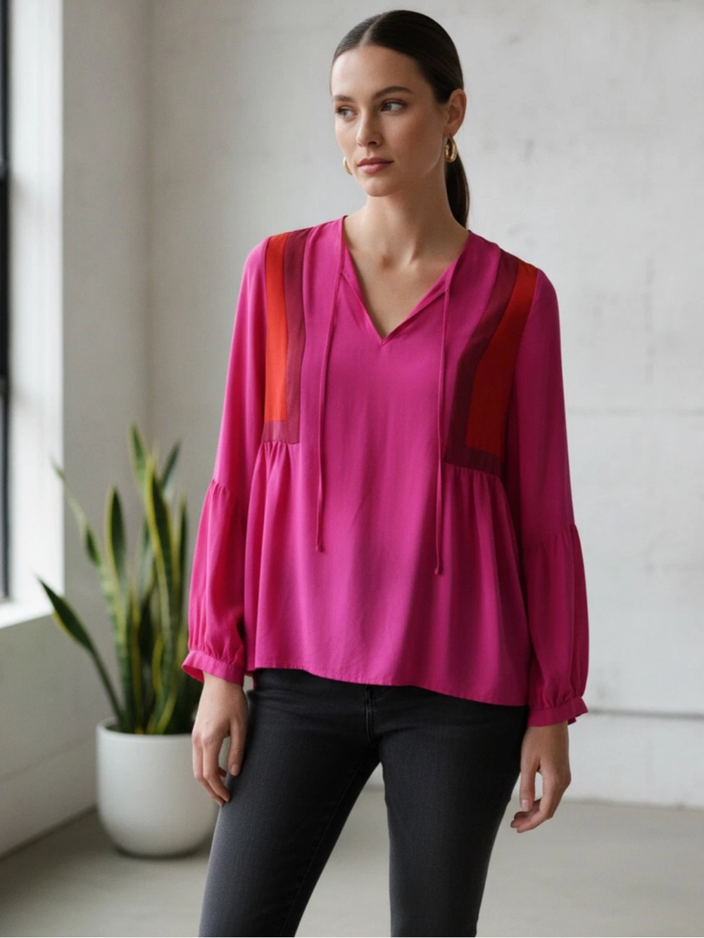 Amanda Uprichard Fuchsia Peasant Blouse 100% Silk Size M